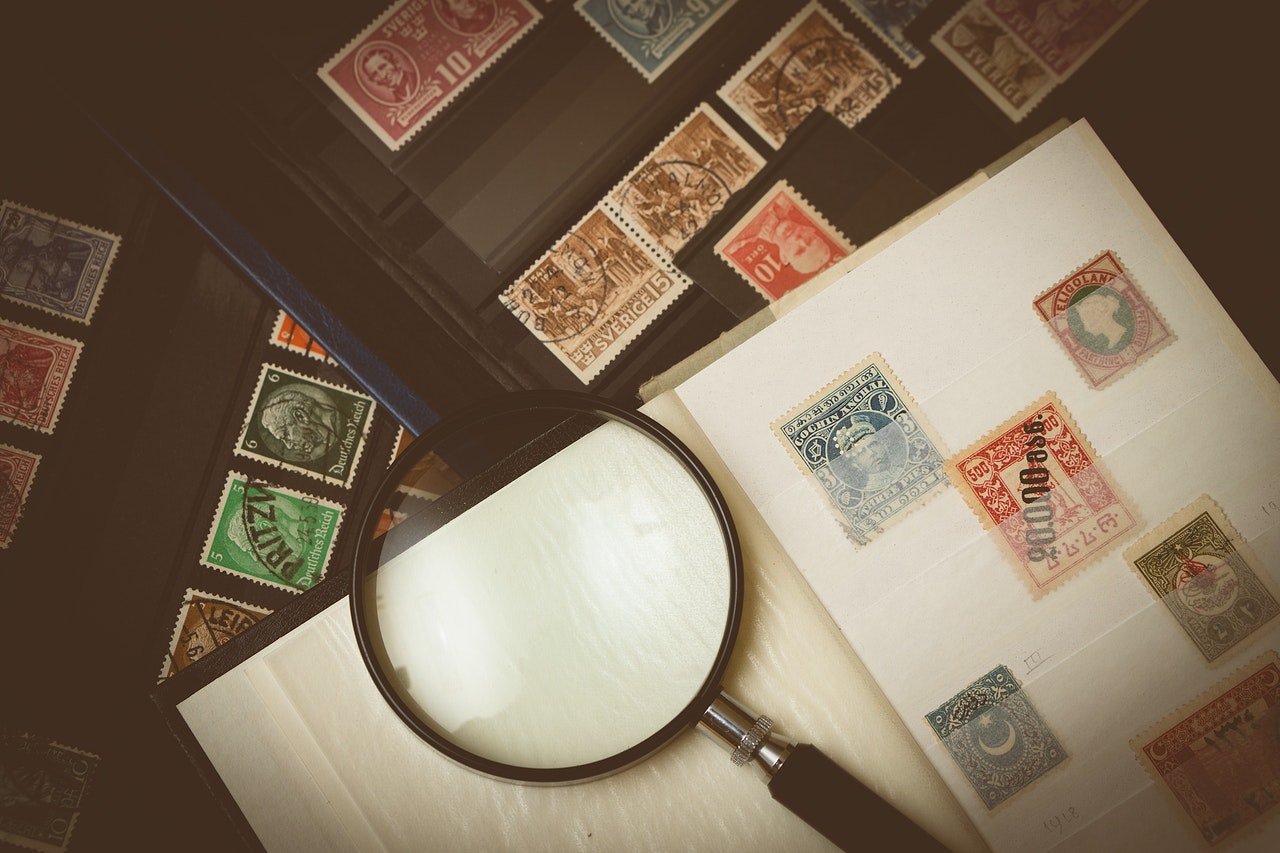 picture of a desk with stamps on it