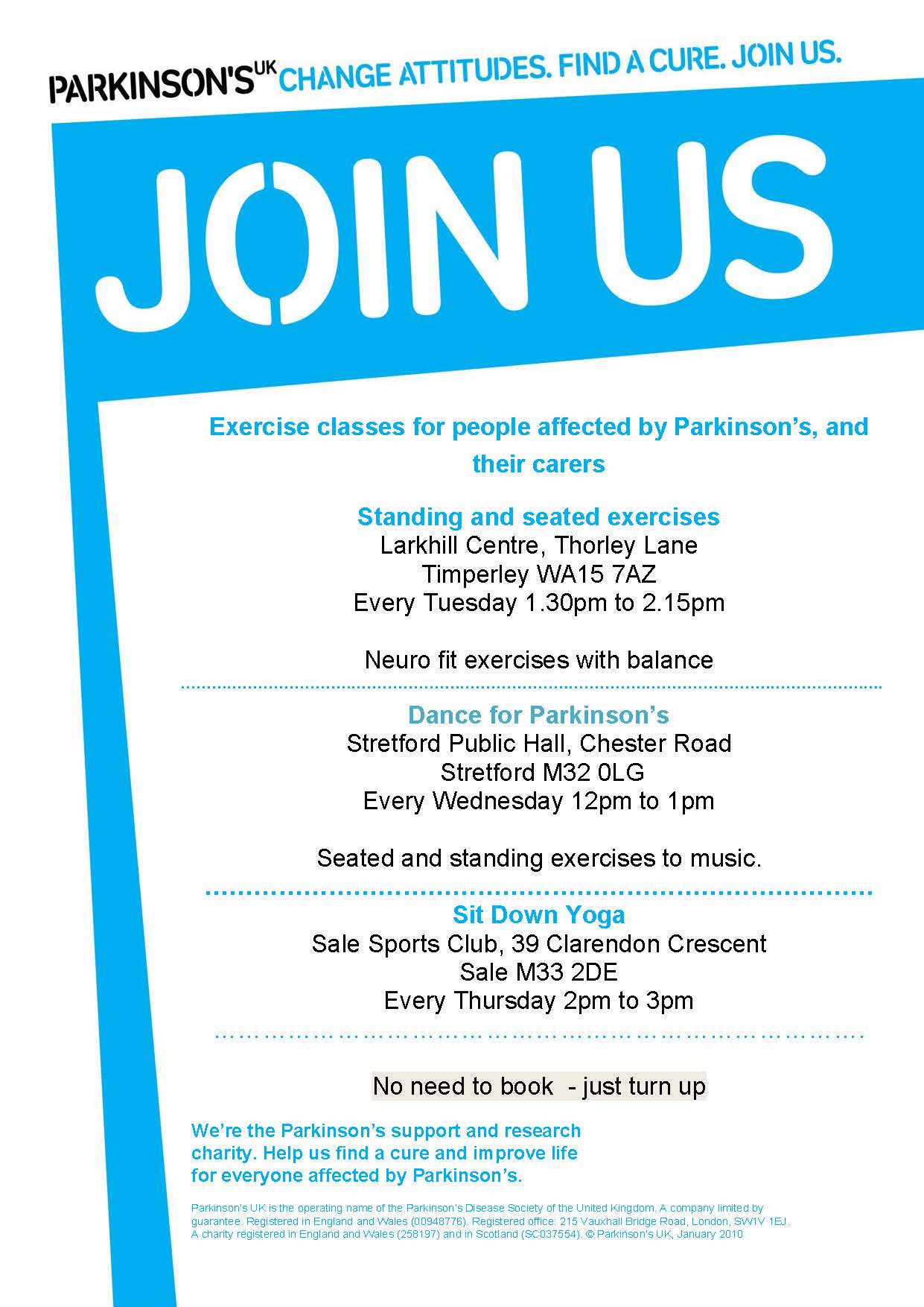 poster about parkinson's UK fitness meeting times and location